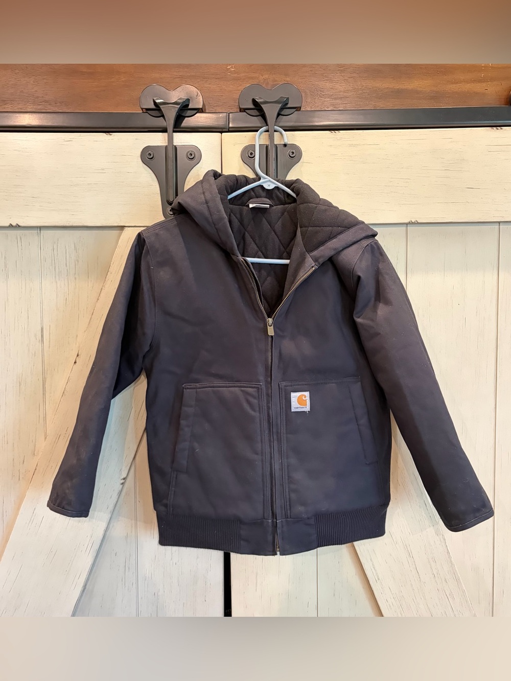 Carhartt Boys' Black Quilted Hooded Jacket - Durable Workwear Size Medium 10-12